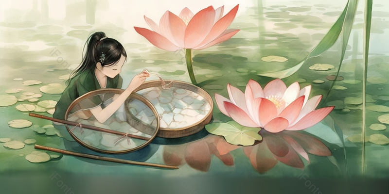 唯美女生夏天夏至炎热池塘绿色荷花荷叶自然植物木盆景色插画,插画/手绘图,插画/手绘图库,插画/手绘图下载,插画/手绘